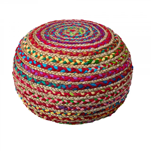 Multicolored jute ottoman with symmetrical pattern and artistic design