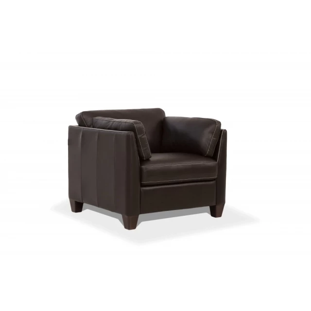 Chocolate genuine leather black arm chair with wood accents in a comfortable studio couch style