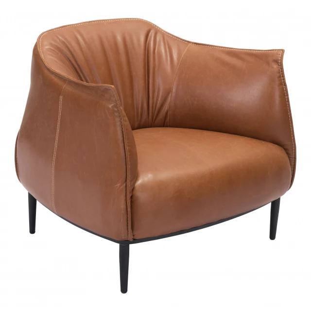 Coffee brown faux leather barrel chair with wood armrests in furniture setting