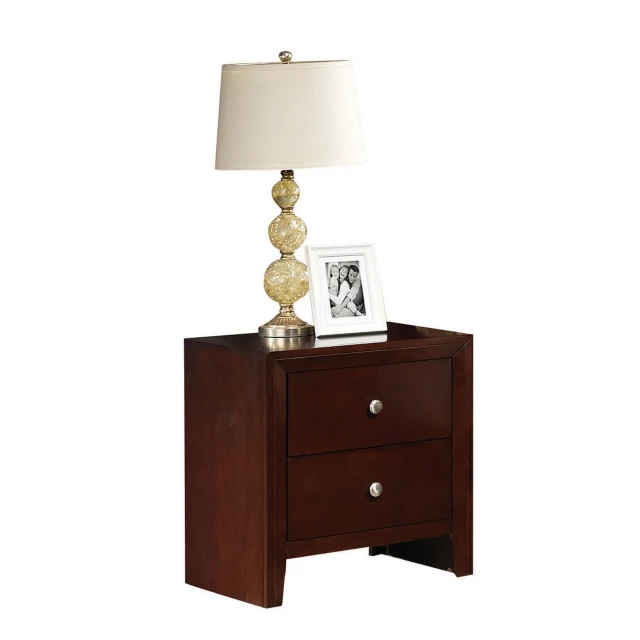 Brown drawers nightstand with wood stain finish and chest of drawers design
