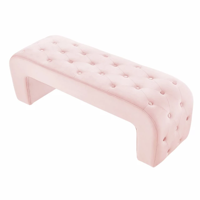 Blush upholstered velvet bench with wood legs and rectangle shape in furniture setting