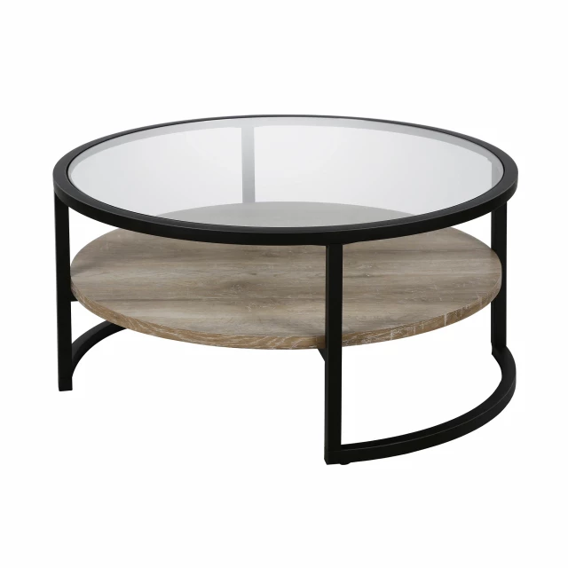 Round glass and steel coffee table with shelf design