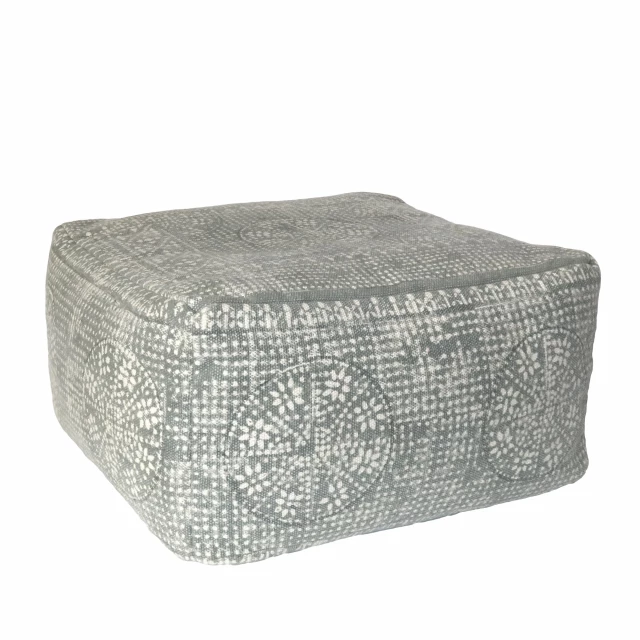 light gray patterned rectangle pouf with natural and composite materials in fashion accessory style