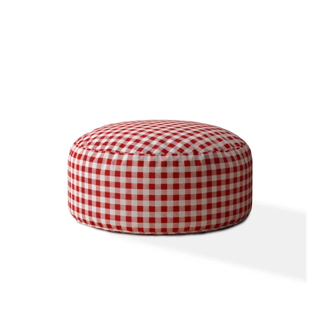 White cotton round gingham pouf ottoman with a comfortable patterned design