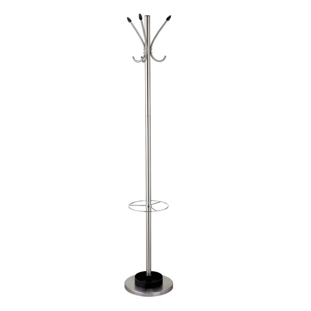steel brushed steel stand coat rack with symmetrical design and fashion accessory elements