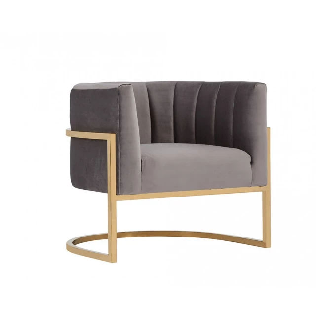 Gold channel tufted velvet accent chair with armrests and hardwood details