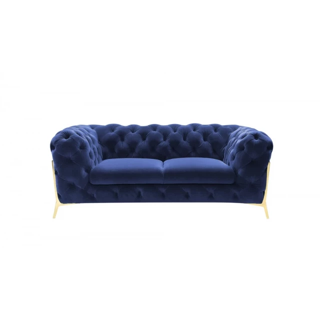 Glam blue velvet gold loveseat with comfortable rectangle studio couch design in electric blue