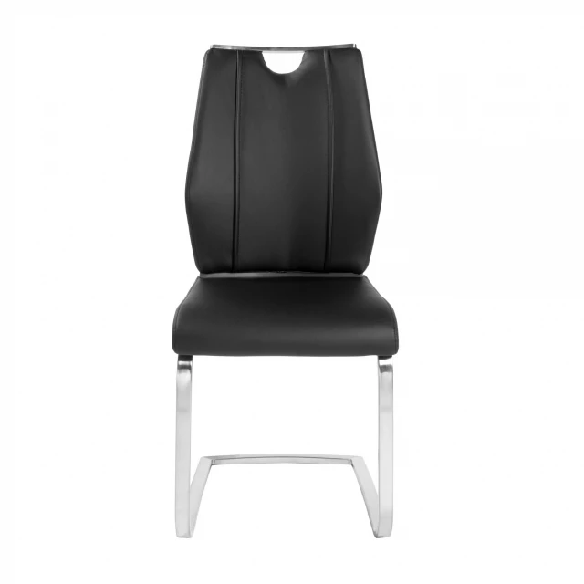 Black faux leather cantilever chairs with armrests and wood accents for comfortable seating