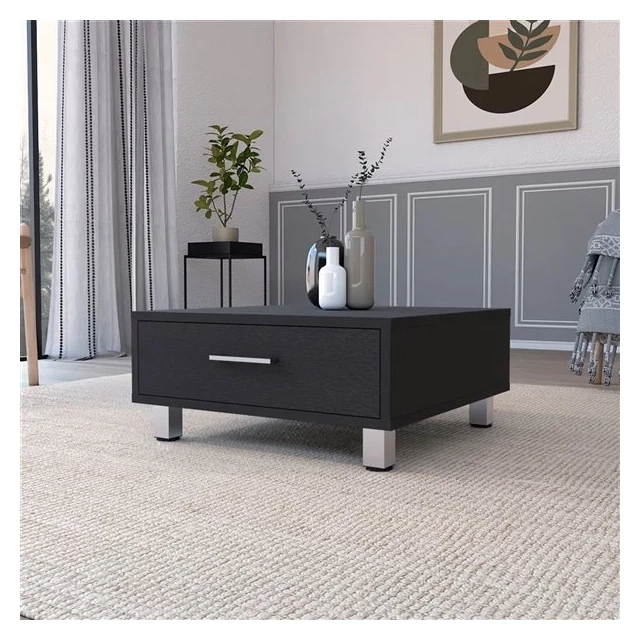 Black wengue coffee table in modern interior with wood flooring and houseplant