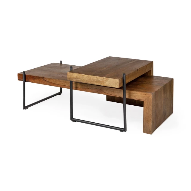 Wood black metal nesting coffee tables with rectangle hardwood plank design for outdoor use