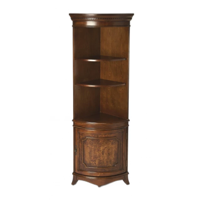 Wood frame standard display stand shelves in brown with shelving and cabinetry details