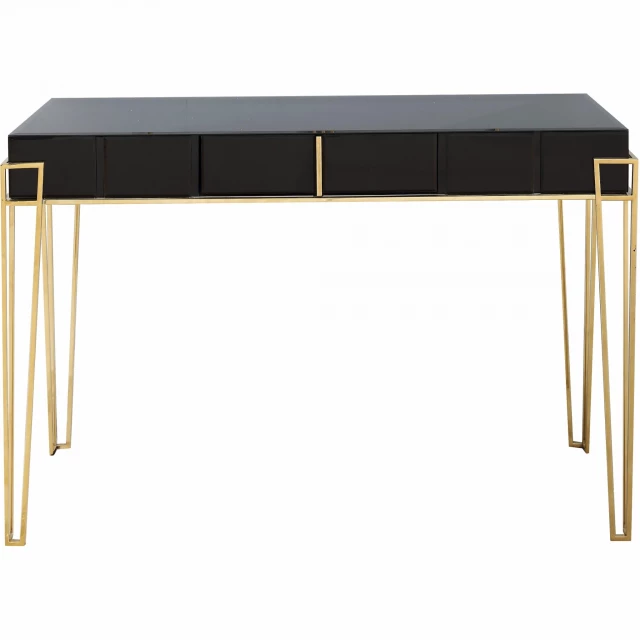 black mirrored console table with rectangular wood design and shelving