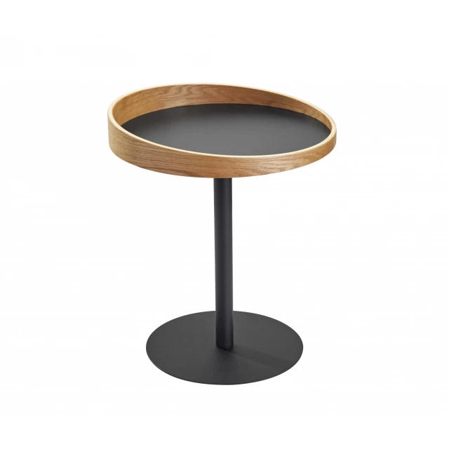 Black solid wood round end table with circle and rectangle design elements