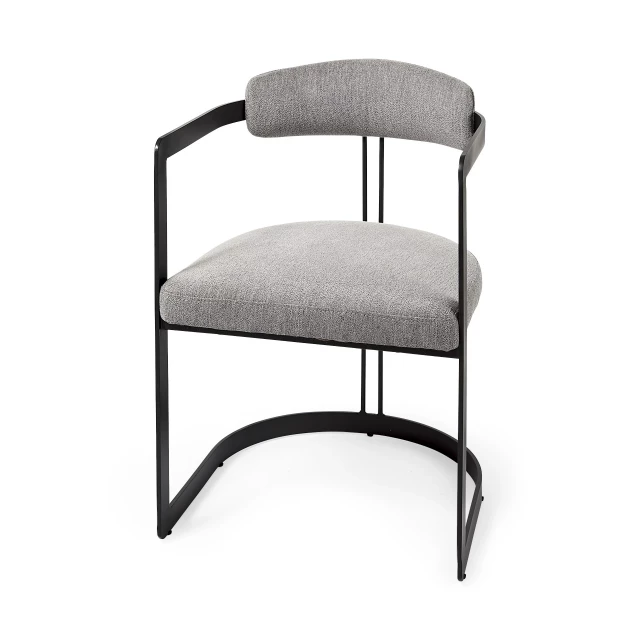 Curvy black gray upholstered dining armchair with wood armrests and comfortable seating