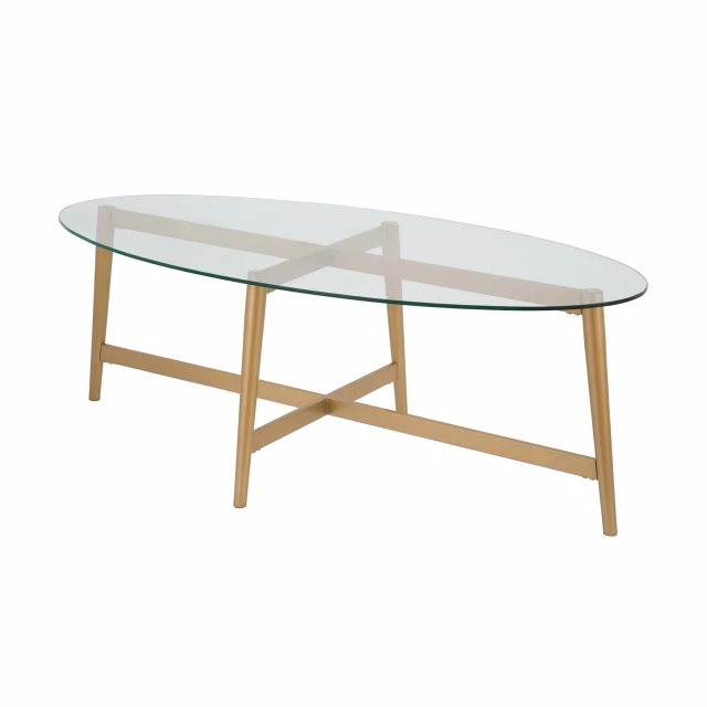 Gold glass steel oval coffee table with wood accents and natural finish
