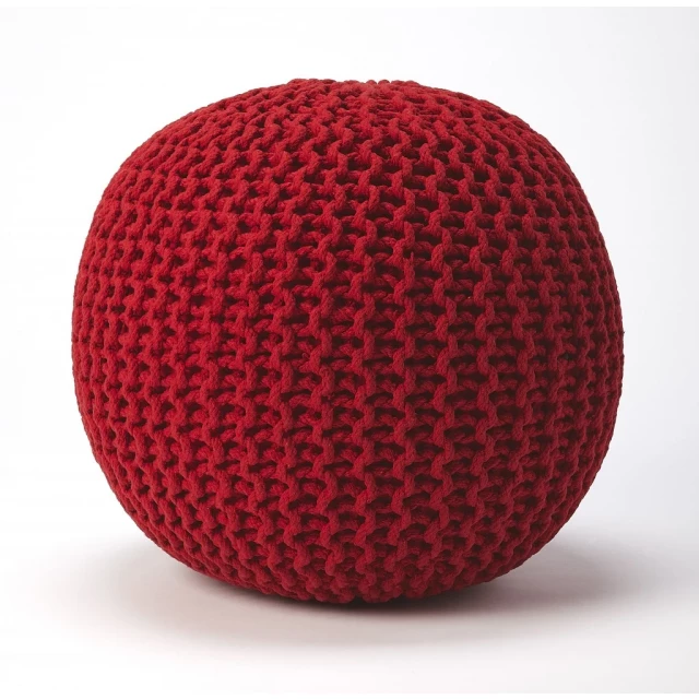 Red round pouf ottoman with artistic pattern in shades of carmine and magenta