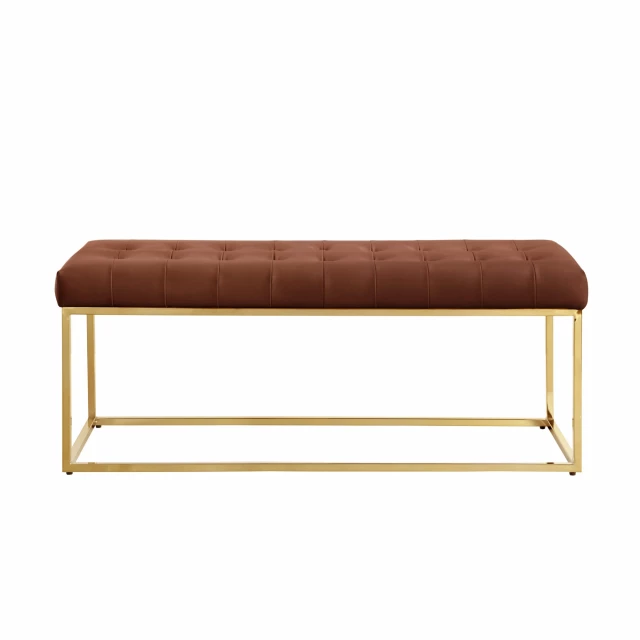 Camel gold upholstered faux leather bench with wood legs and comfortable rectangle seating