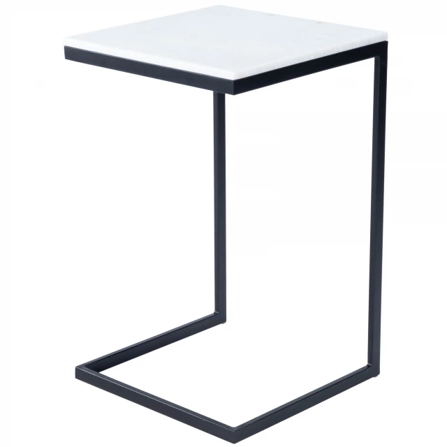 Marble square C shape end table with balanced pedestal base and artful design elements