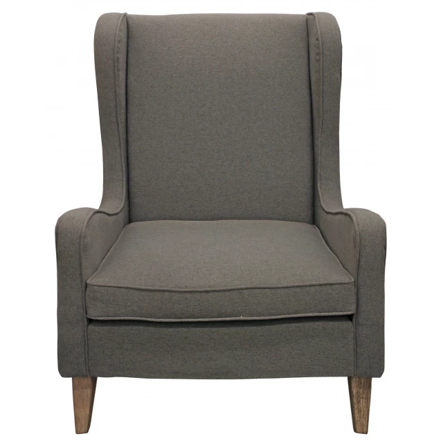 Gray linen natural solid lounge chair with armrests and hardwood legs
