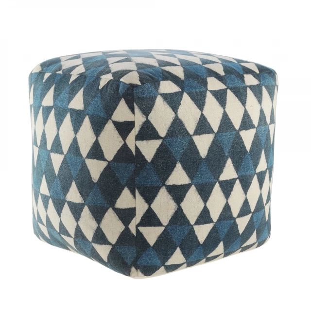 Blue cotton ottoman with electric blue pattern and storage basket design in creative arts style