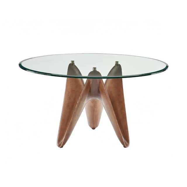 Glass solid manufactured wood dining table with metal accents and symmetrical design