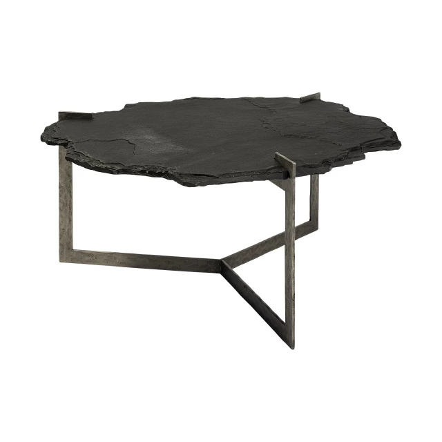 Stone iron form distressed coffee table with wood and metal elements