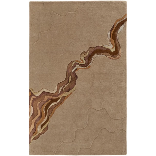 wool abstract tufted handmade area rug with brown wood pattern and art design