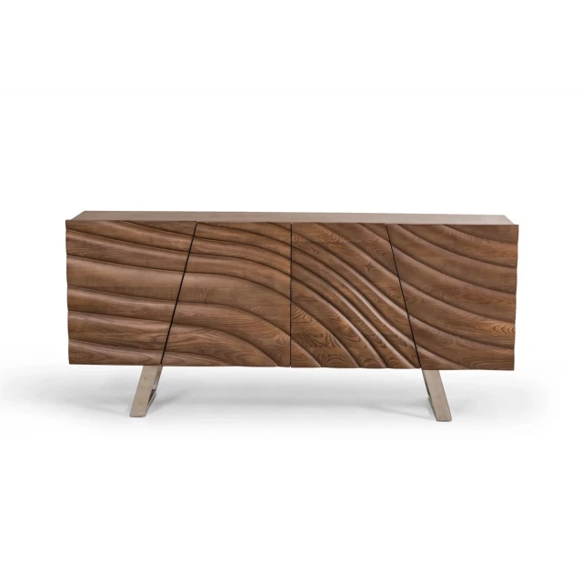 Walnut wood veneer steel buffet with hardwood and plywood details in outdoor setting