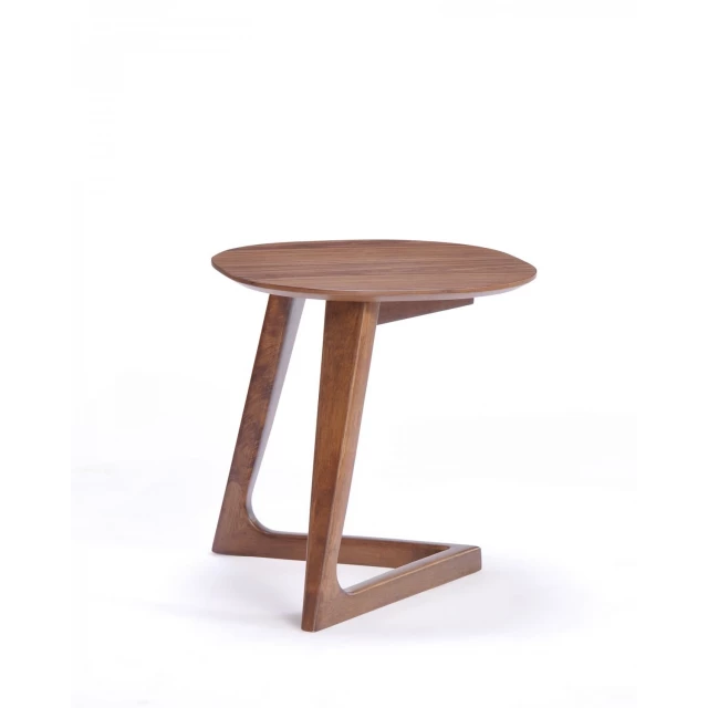 Mod walnut wood asymmetric end table with a rectangular shape and hardwood finish