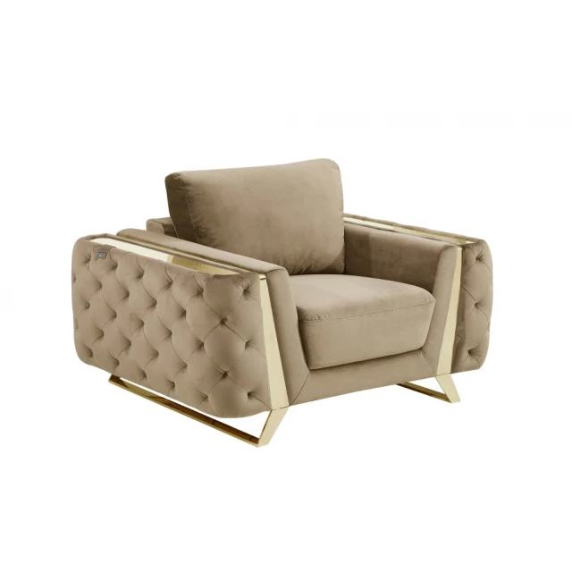 Beige gold velvet arm chair with comfortable rectangle cushion and wooden armrests