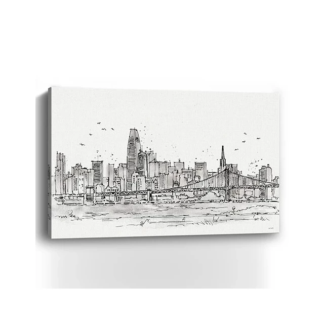 Skyline sketch unframed print wall art depicting cityscape with skyscrapers and urban design elements