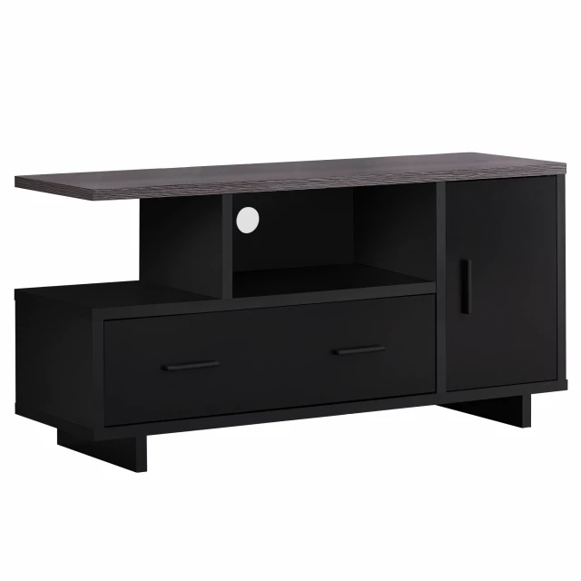 Black and grey storage TV stand with drawers and hardwood finish