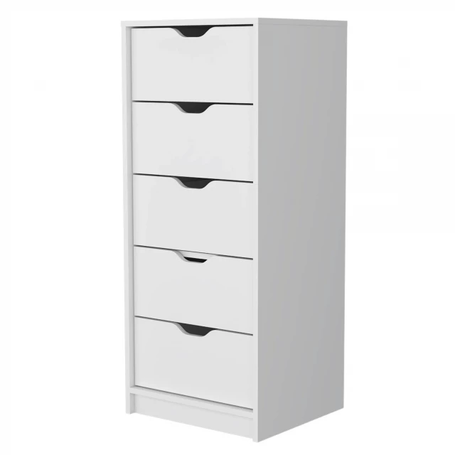 Manufactured wood five drawer narrow dresser in a clean design