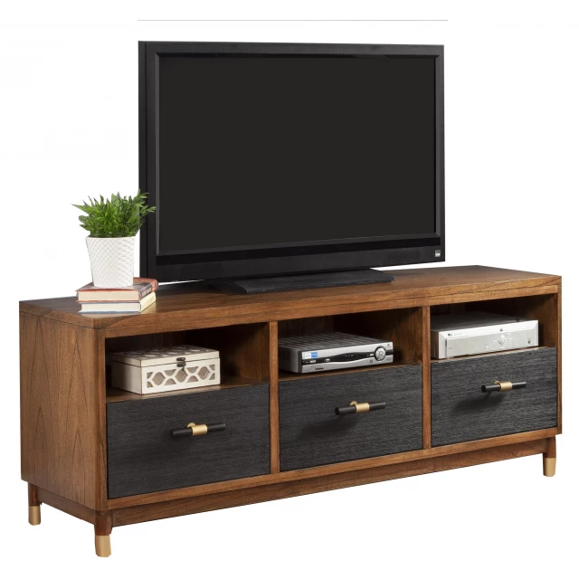Black mid century modern TV console with shelving and hardwood finish