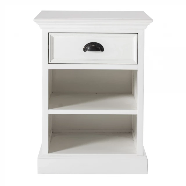 classic white nightstand with shelves and drawer in hardwood