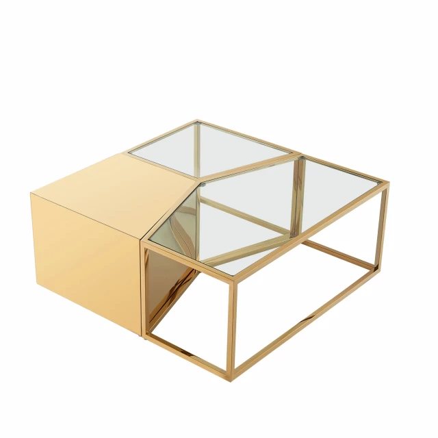 Stainless steel mirrored bunching coffee tables with artistic wood and metal design elements