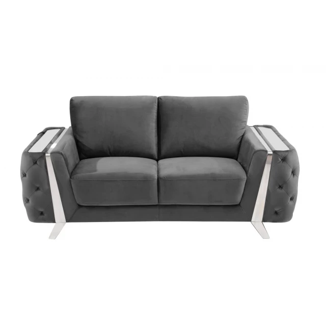 Dark gray silver velvet loveseat with comfortable pillows and sleek design