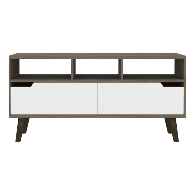 Modern particle board open shelving TV stand with wood finish and simple design