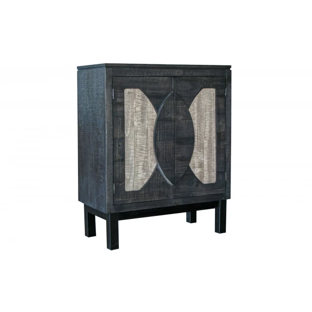 Solid manufactured wood distressed buffet table with metal accents and electric blue pattern