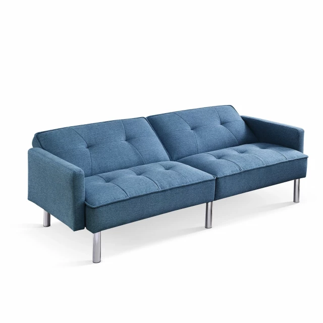 Convertible futon sleeper sofa with toss pillows and wooden accents