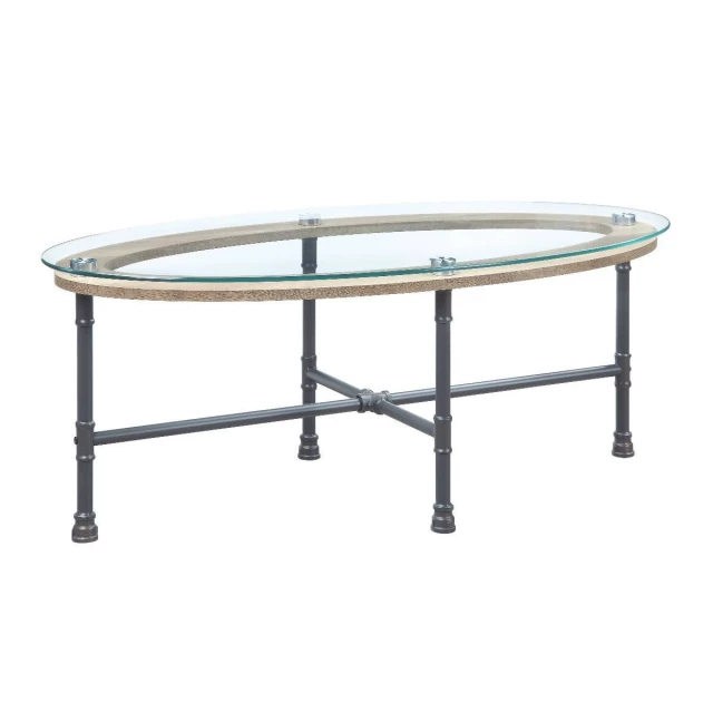 Clear glass metal oval coffee table with circle and composite materials