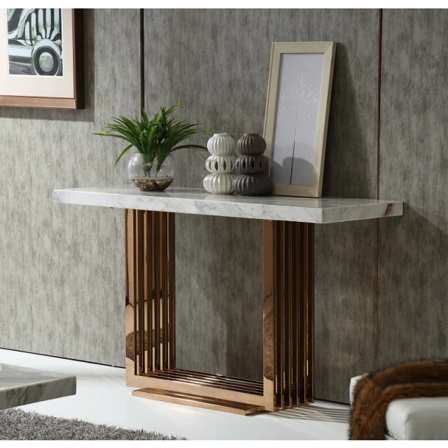 rosegold marble metal console table with flowerpot and shelving in interior design setting