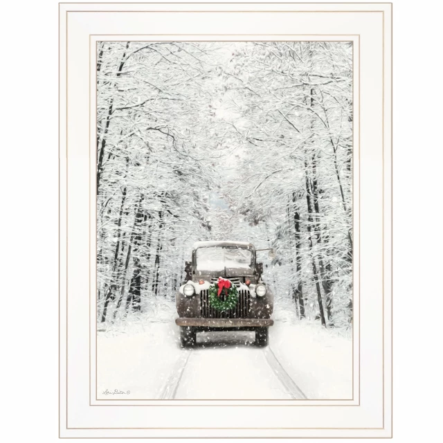 Christmas white framed print wall art with snowy tree and plant motifs