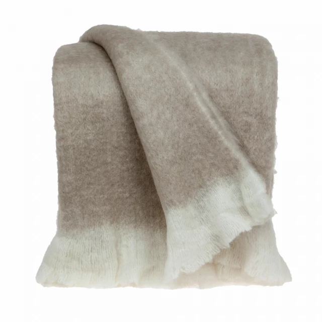 Beige woven acrylic solid reversible throw with woolen texture and fur clothing-like comfort
