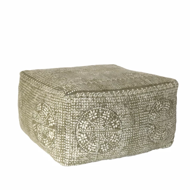 Olive green patterned square pouf with natural material and beige circle accents for home decor