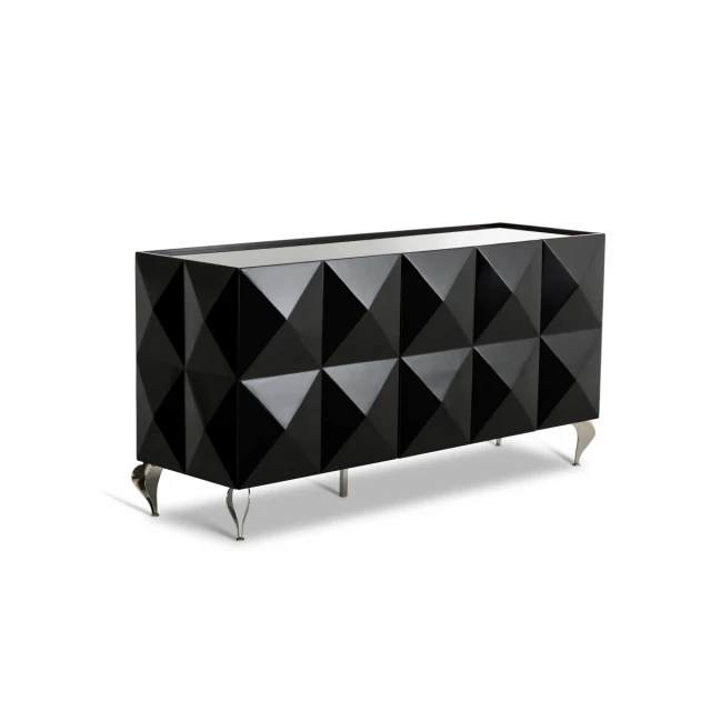 Black lacquer MDF steel buffet with doors featuring rectangle and triangle patterns metal accents