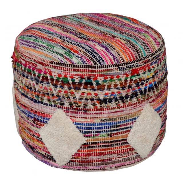 Multicolored cotton blend ottoman in a furniture setting with artistic design elements