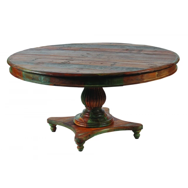 Rustic reclaimed solid wood dining table with chairs and coffee table in outdoor setting