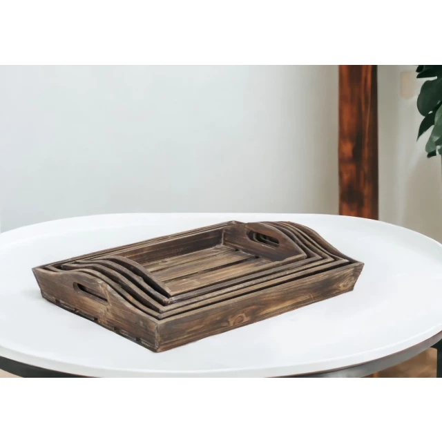 natural brown wood handmade trays with handles for serving and displaying tableware and dishware