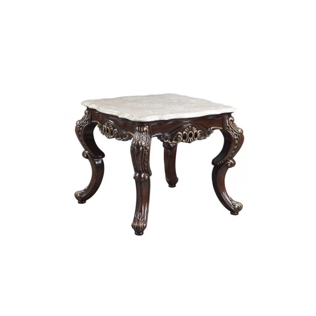 Marble resin square end table with artistic electric blue accents suitable for outdoor use